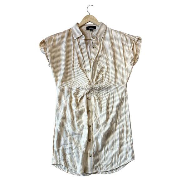 NWT Casual Perfection Tan Striped Twist-Front Shirt Dress Tan White Size Small - Picture 5 of 8